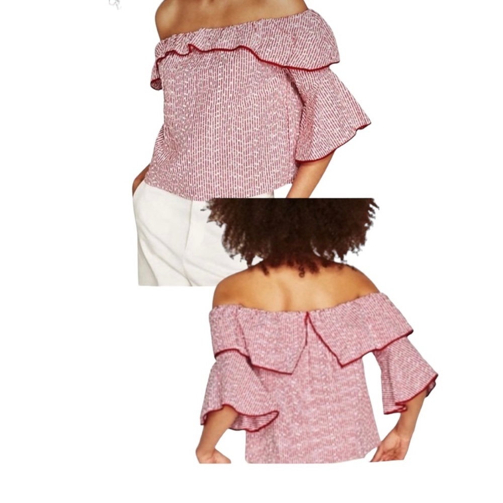 Zara Off Shoulder Red Pin Stripe Poet Sleeve Cropped Top. Size XS